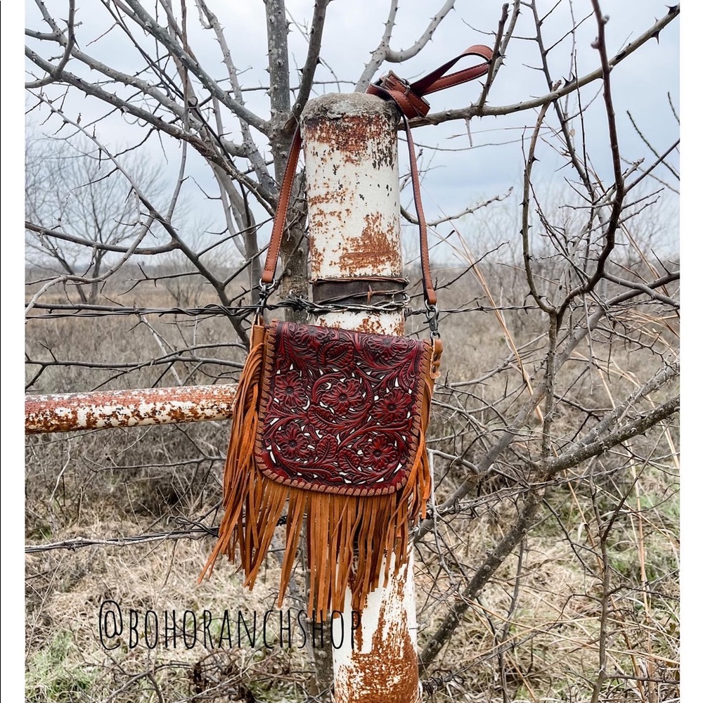 Western Leather Crossbody Fringe Tooled purse bag